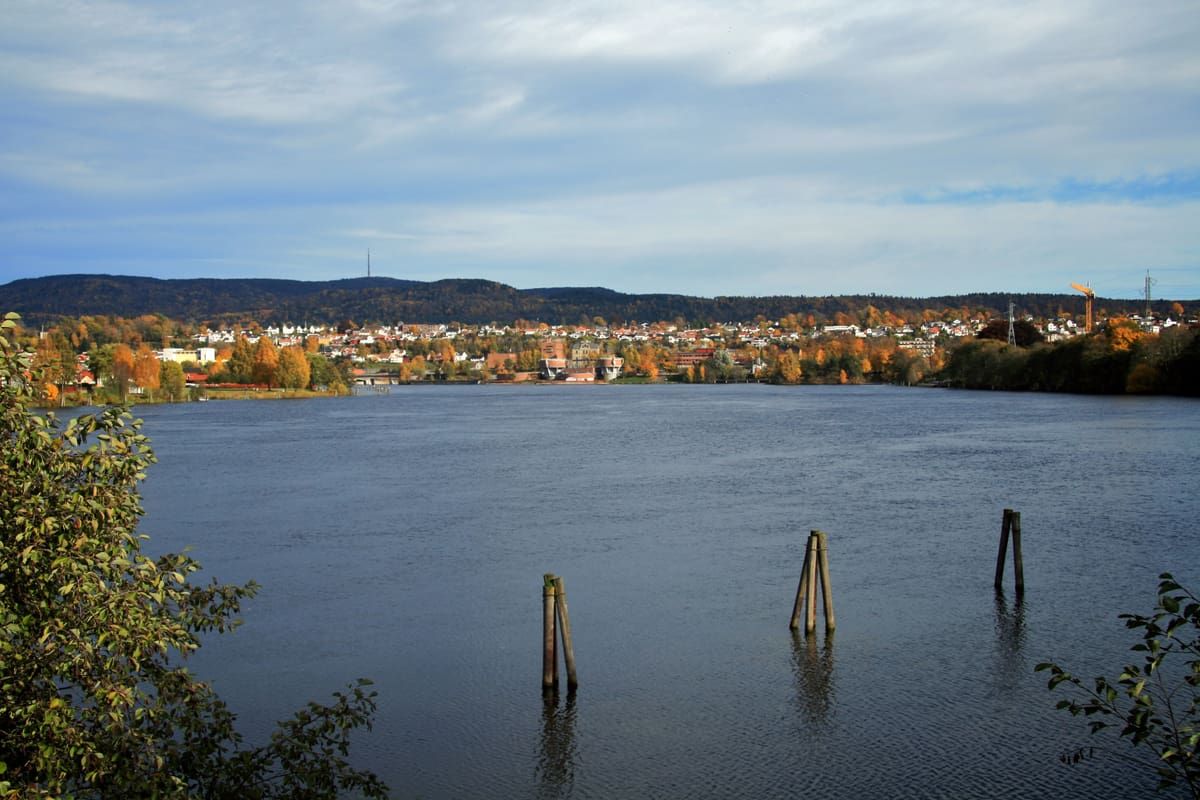 Skienselva om høsten, med gamle påler i vannet og hus langs den andre bredden